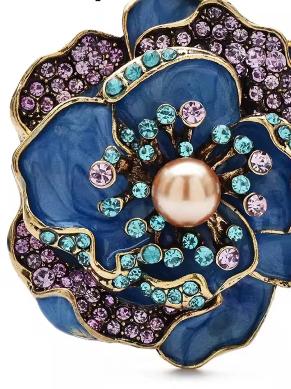 Anthropologie Blue Floral Crystal Brooch with Pearl Accent